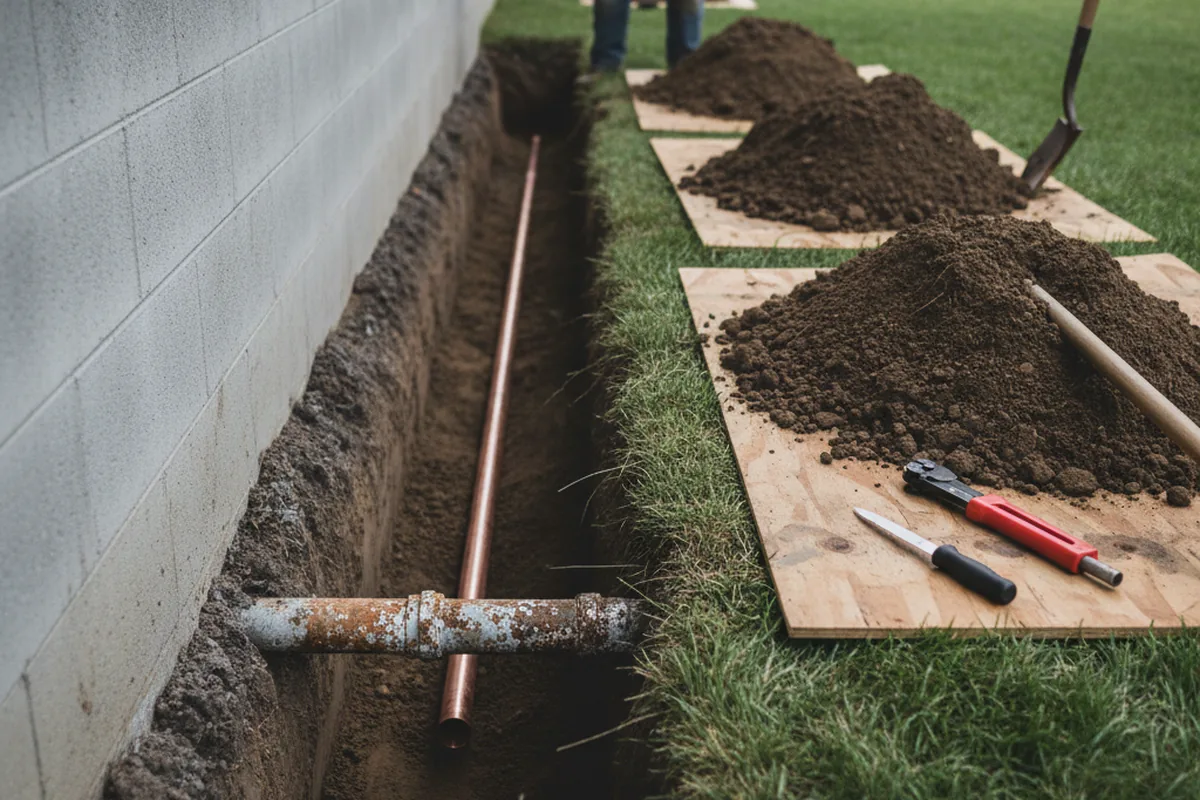Excavated water line trench during Water Softener Installation in Accomac
